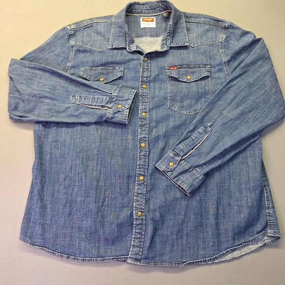 Wrangler Other - Wrangler Mens Blue Denim Western Pearl Snap Long Sleeve Shirt‎ 2XL rodeo cowboy